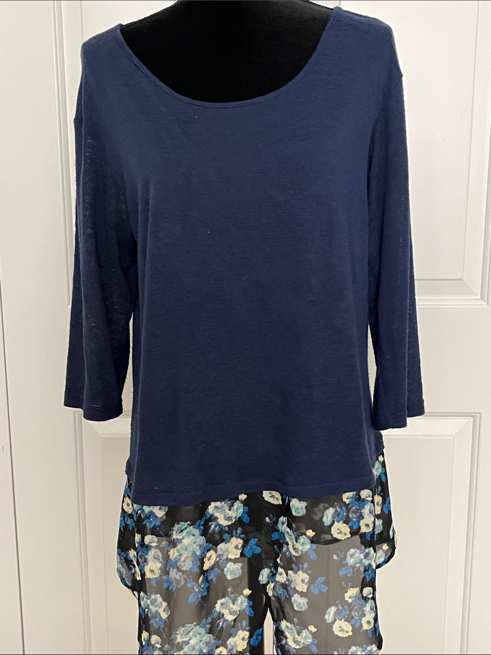 Women's Navy tunic with Floral Sheer Hem